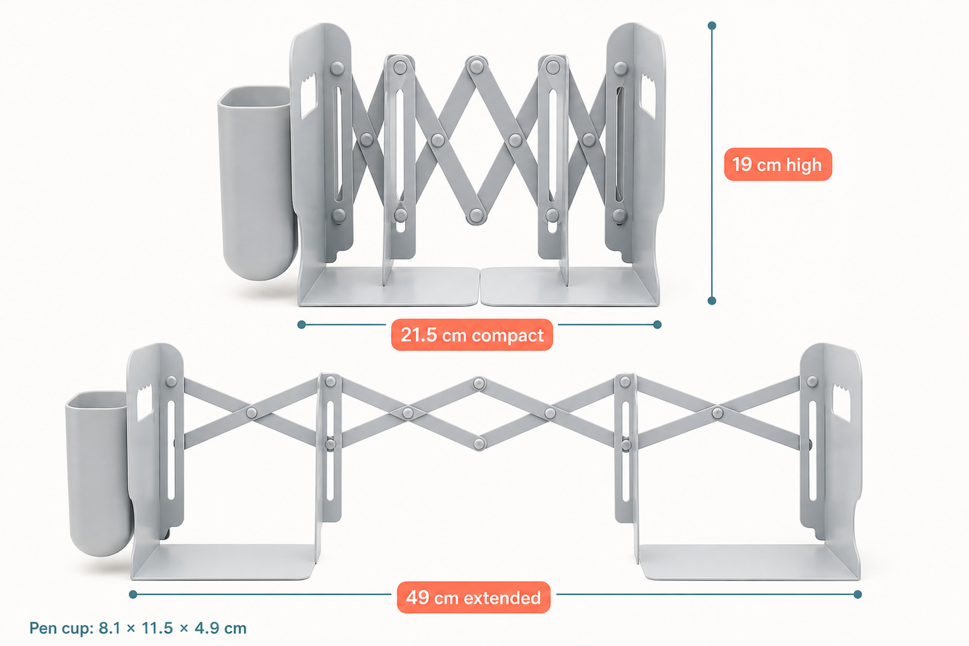 PageSpan bookend dimensions showing 21.5 centimeter compact width 49 centimeter extended width and 19 centimeter height