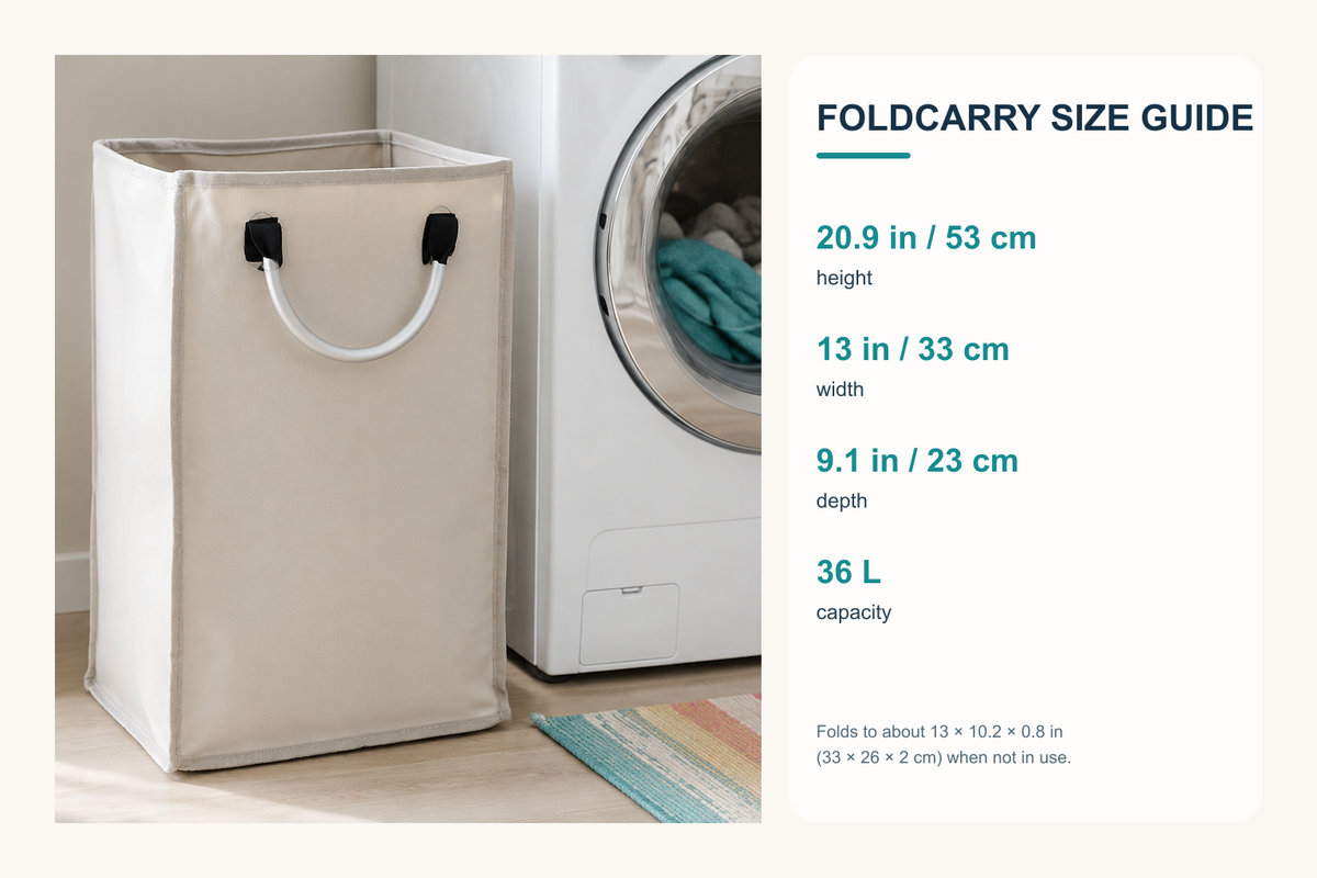FoldCarry size guide showing 53 centimeter height 33 centimeter width 23 centimeter depth and 36-liter capacity