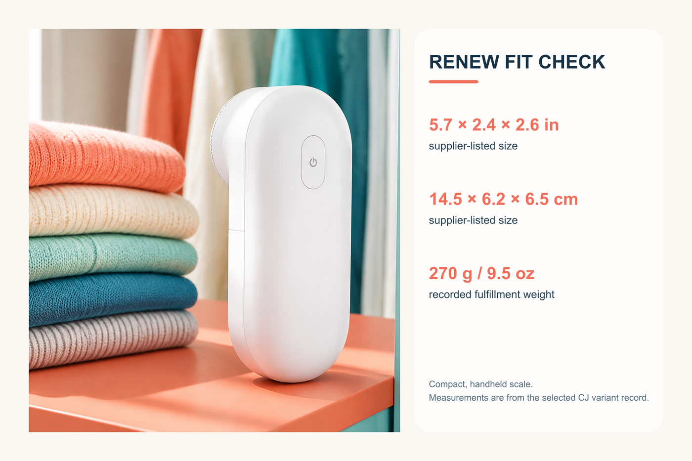 Renew fabric shaver fit guide showing 14.5 by 6.2 by 6.5 centimeters and 270 gram recorded weight