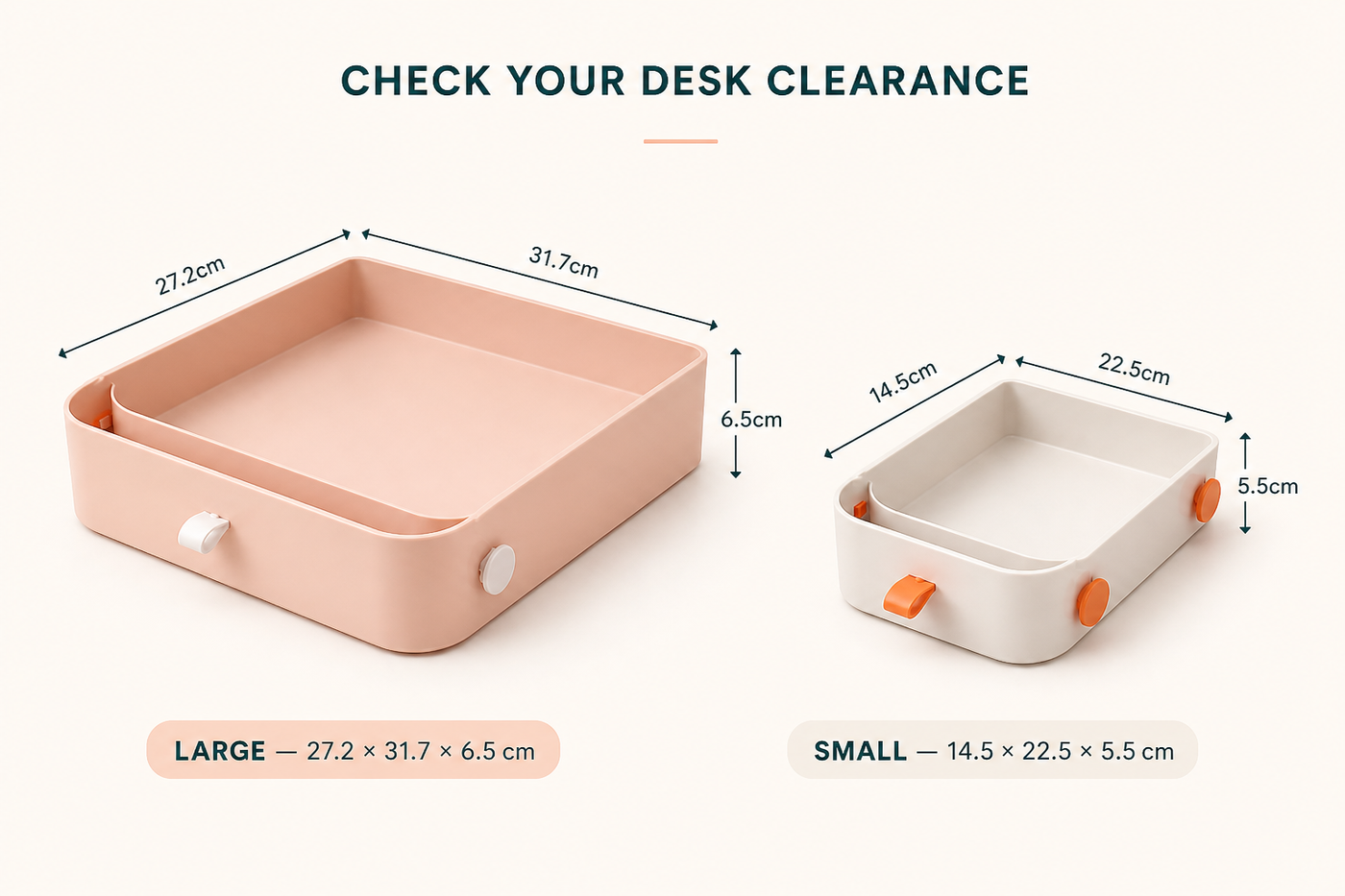 PocketGlide exact Small and Large drawer dimensions in centimeters and inches