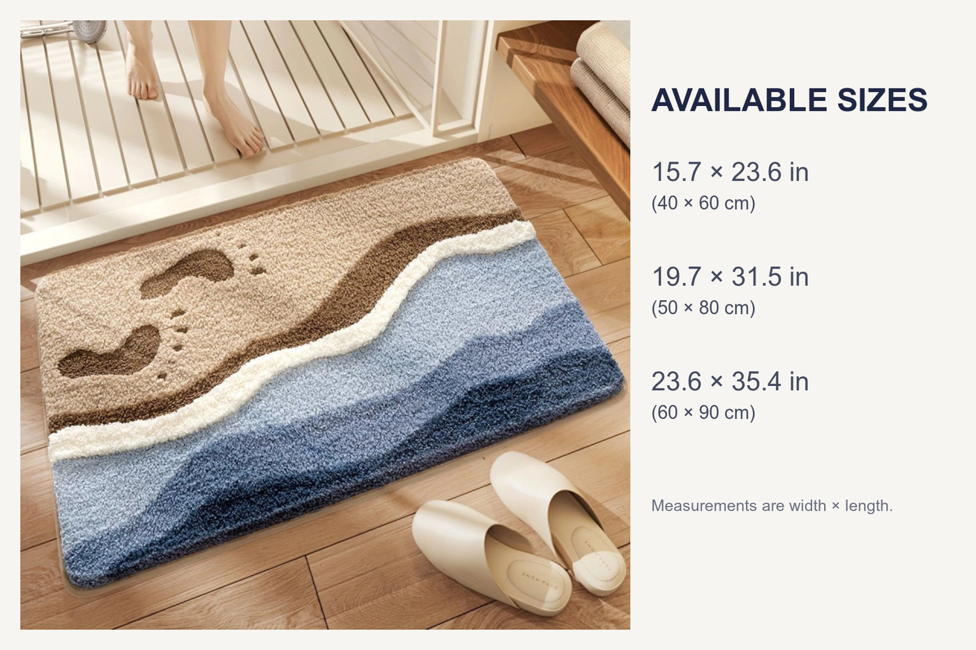 Drift bath mat size guide for 40 by 60, 50 by 80, and 60 by 90 centimeters