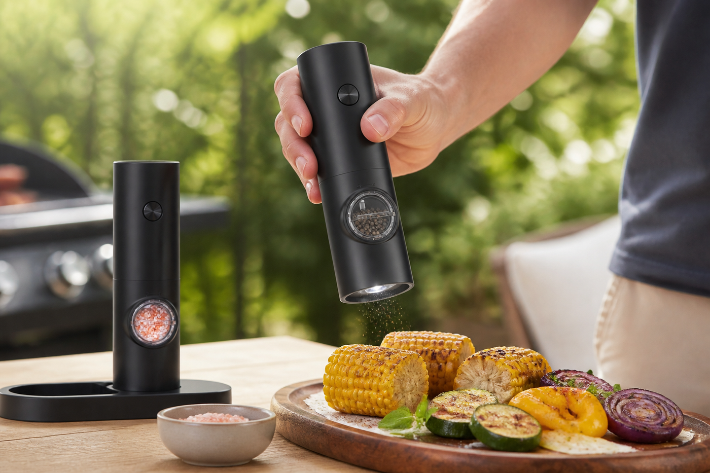 DuoMill electric grinder seasoning vegetables at an outdoor grill
