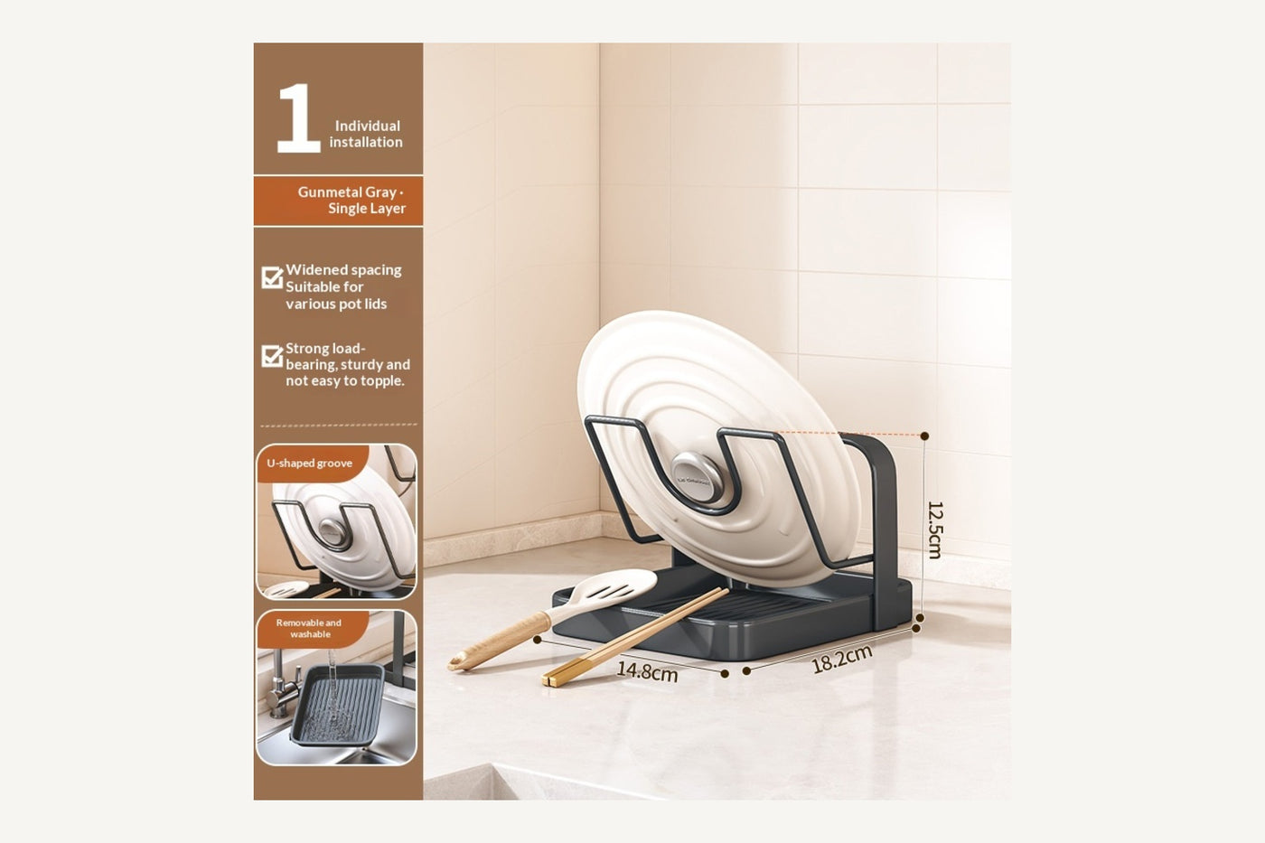 Exact Easel Single tier rack with one U-shaped lid cradle, removable tray and dimensions