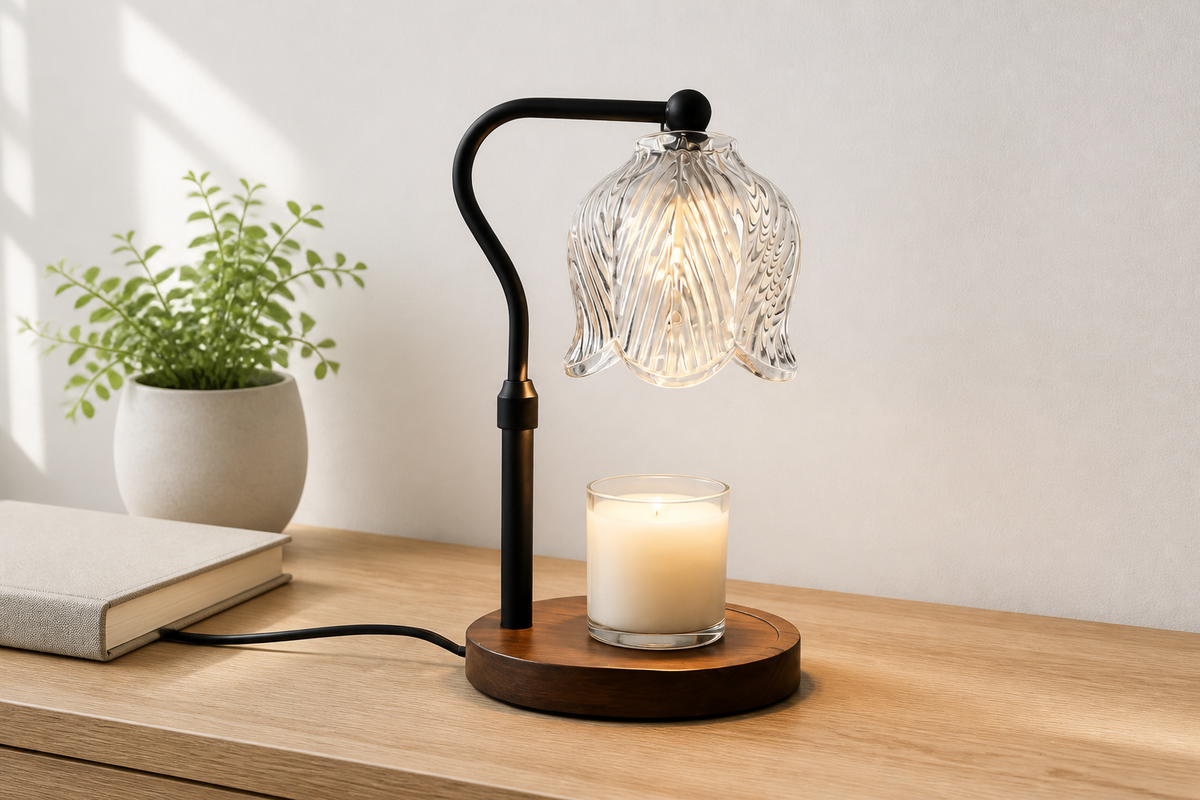 Black EmberGlow candle warmer lamp on a bright home-office credenza