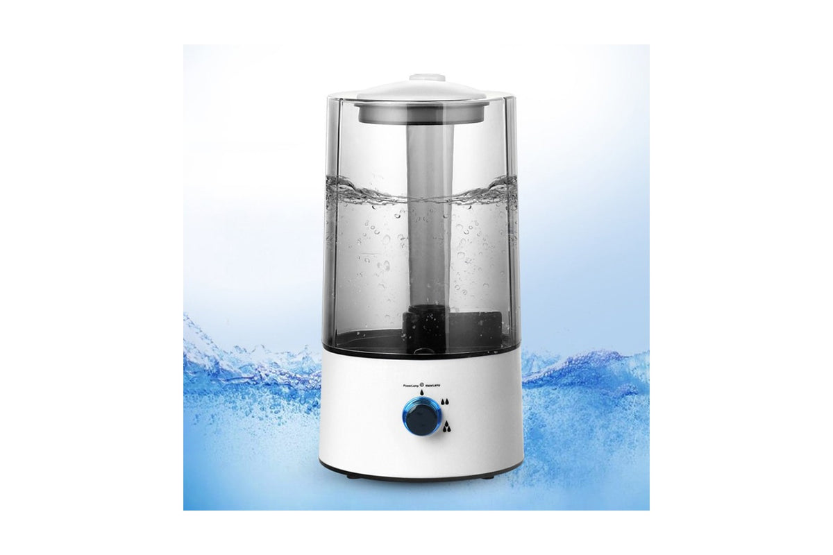 HushMist 4 L humidifier front view with clear tank and manual mist dial