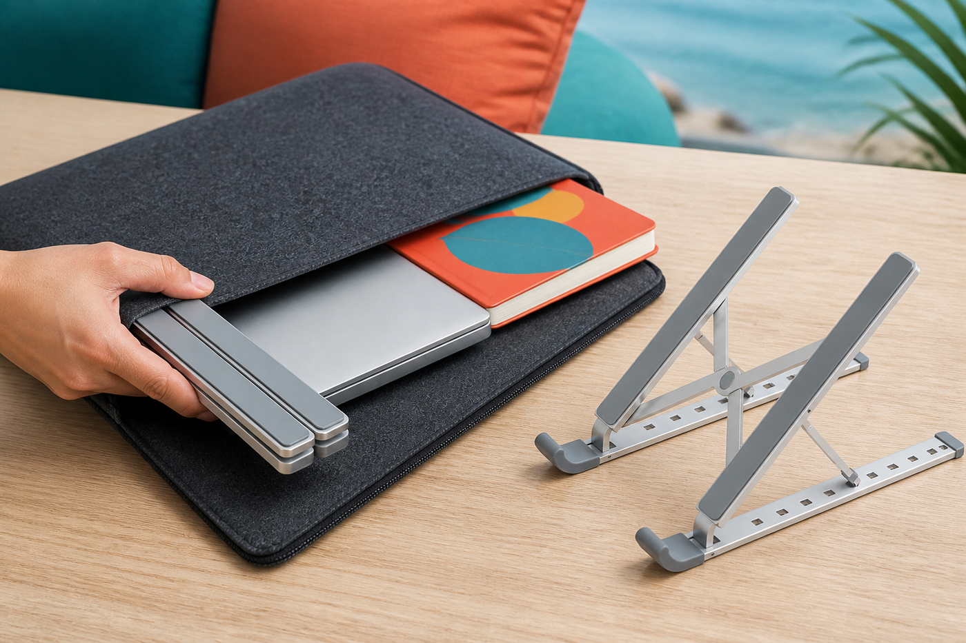 Silver RiseRail laptop stand folded flat beside its storage sleeve