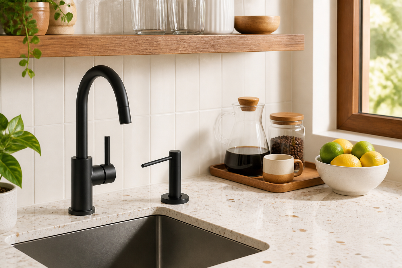 Font built-in soap dispenser beside a compact sink in a bright home beverage nook