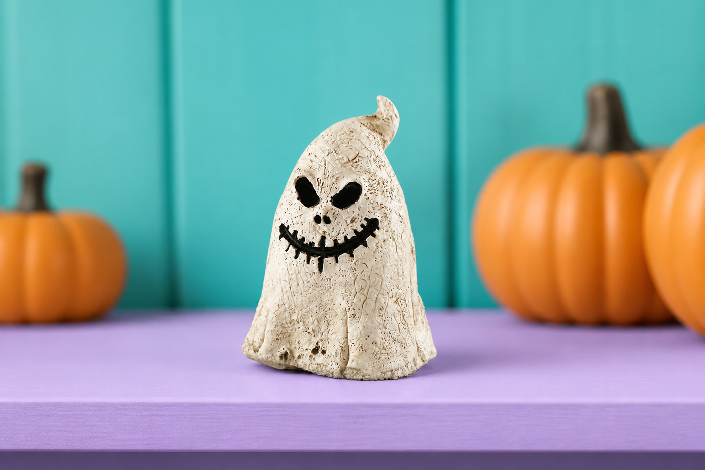 Spooklet white textured ghost mini figurine on a colorful purple shelf
