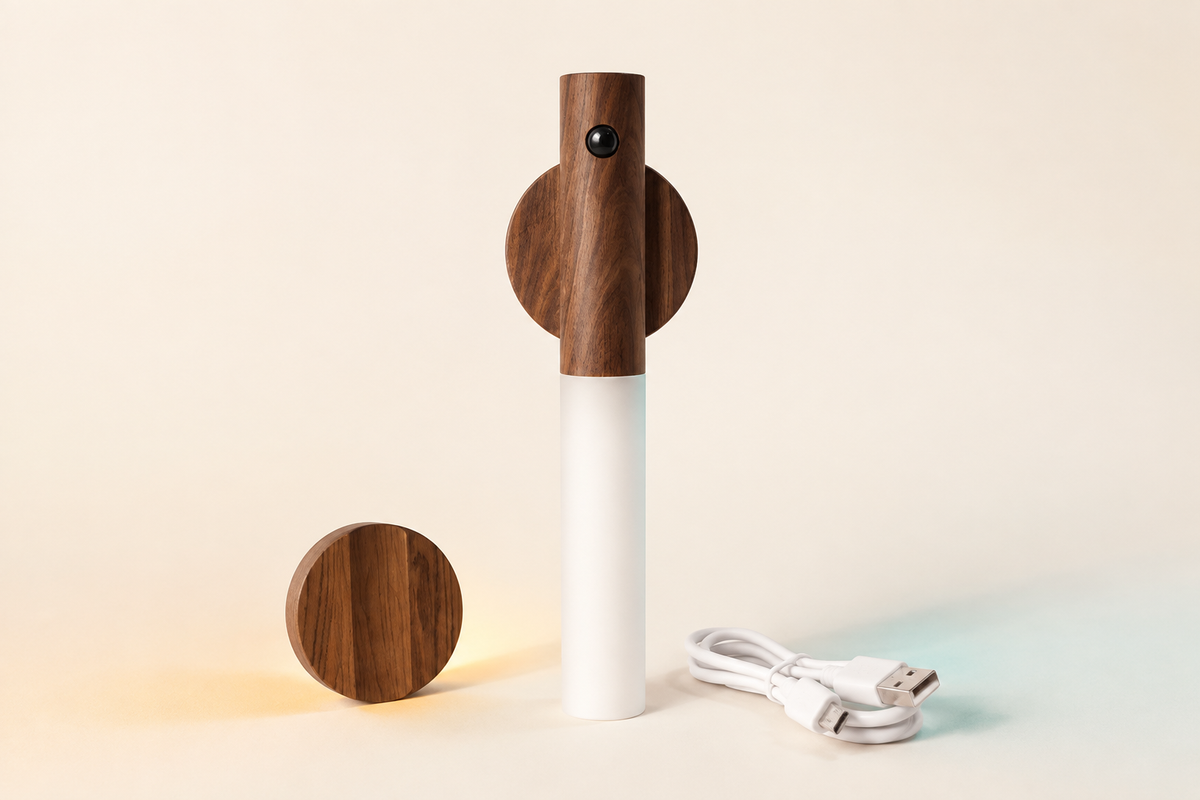 GlowSense Walnut single light with magnetic base and USB cable