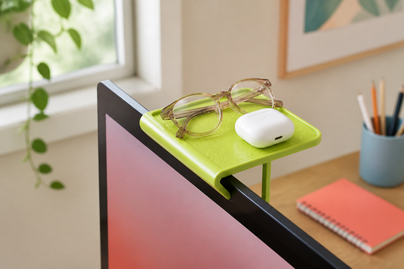 Green PerchFold monitor-top shelf holding eyeglasses and a charging case