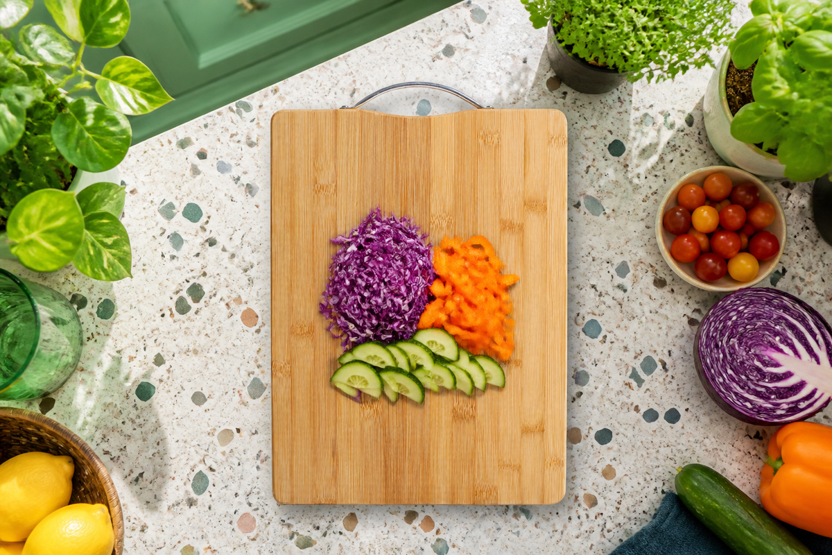 Grove bamboo cutting board with colorful chopped vegetables on a terrazzo kitchen counter