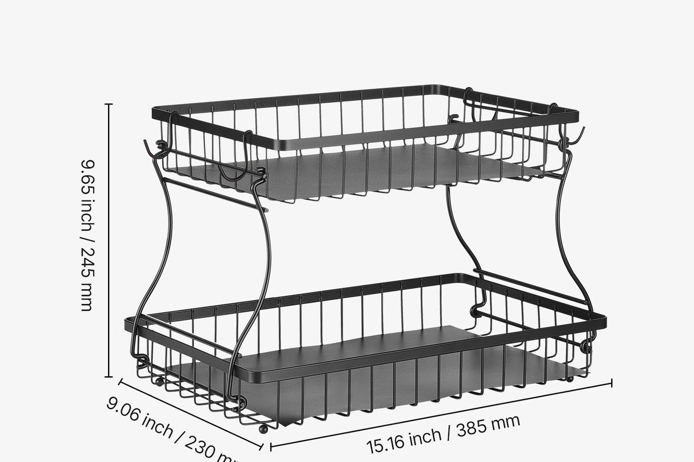 HarvestRise two-tier produce basket dimensions: 15.16 by 9.06 by 9.65 inches