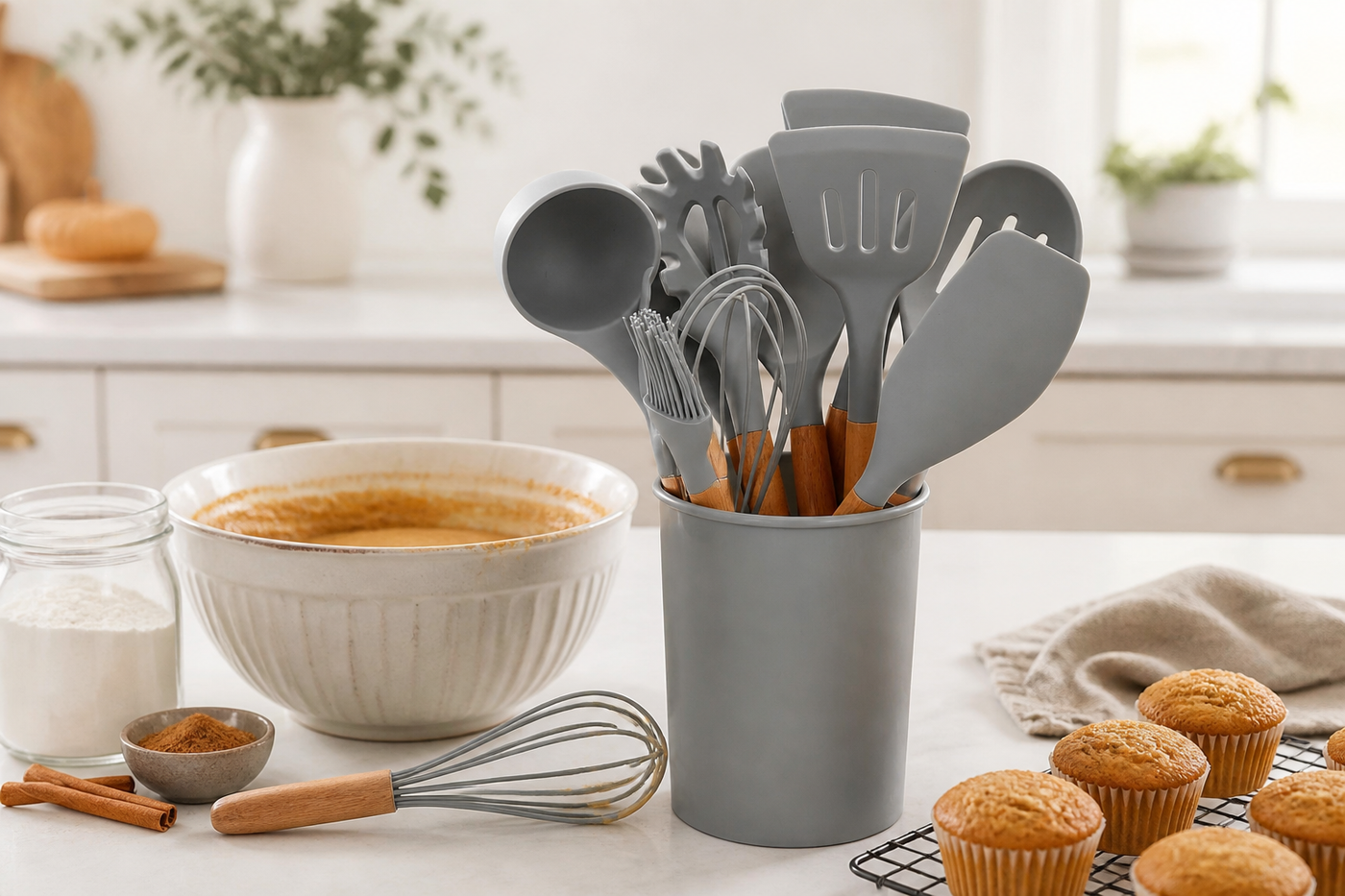 Grey Hearth silicone utensil set beside a bright autumn baking scene