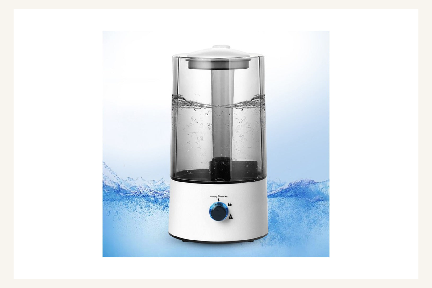 HushMist humidifier front view with clear 4 L tank and mist-control dial