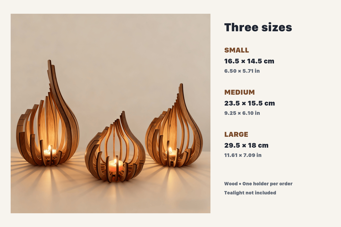 LotusGlow wooden tealight holder size guide for small, medium, and large