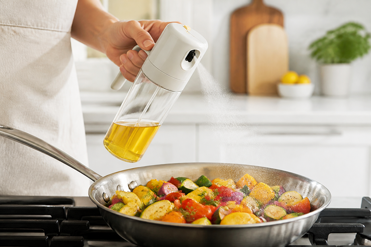Fine oil spray from the Mist and Pour bottle over vegetables in a skillet