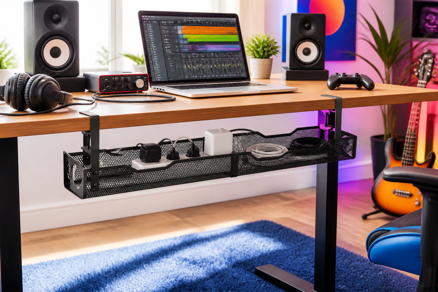 Black UnderRail cable tray keeping power and charging cables organized beneath a colorful music and gaming desk