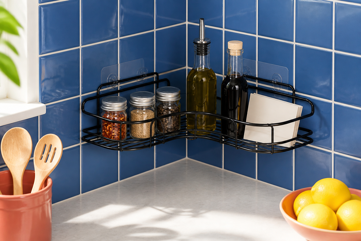 Nook coated-wire corner shelf storing spices and oils in a luminous cobalt kitchen