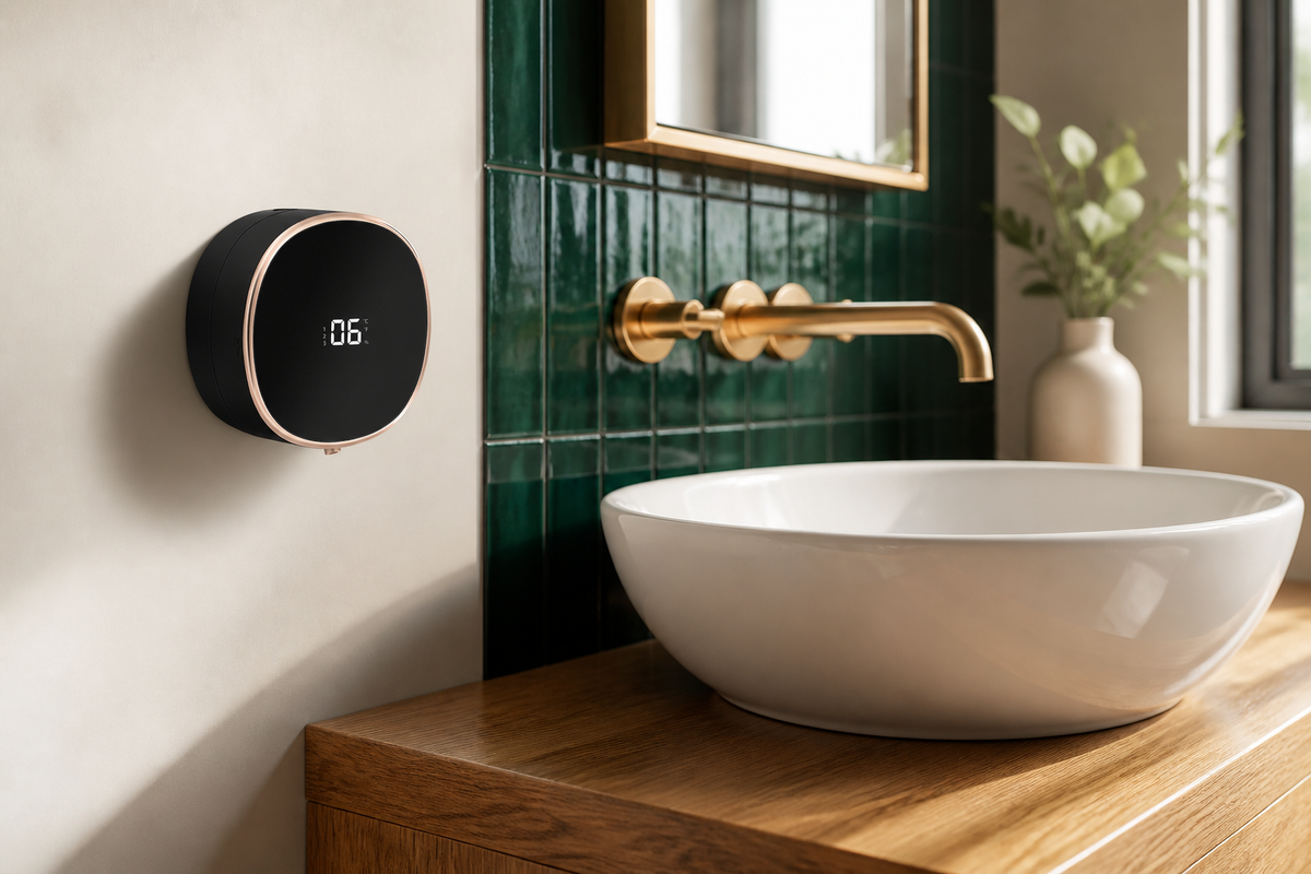 Black PalmSense touchless foaming soap dispenser against emerald tile in a stylish powder room