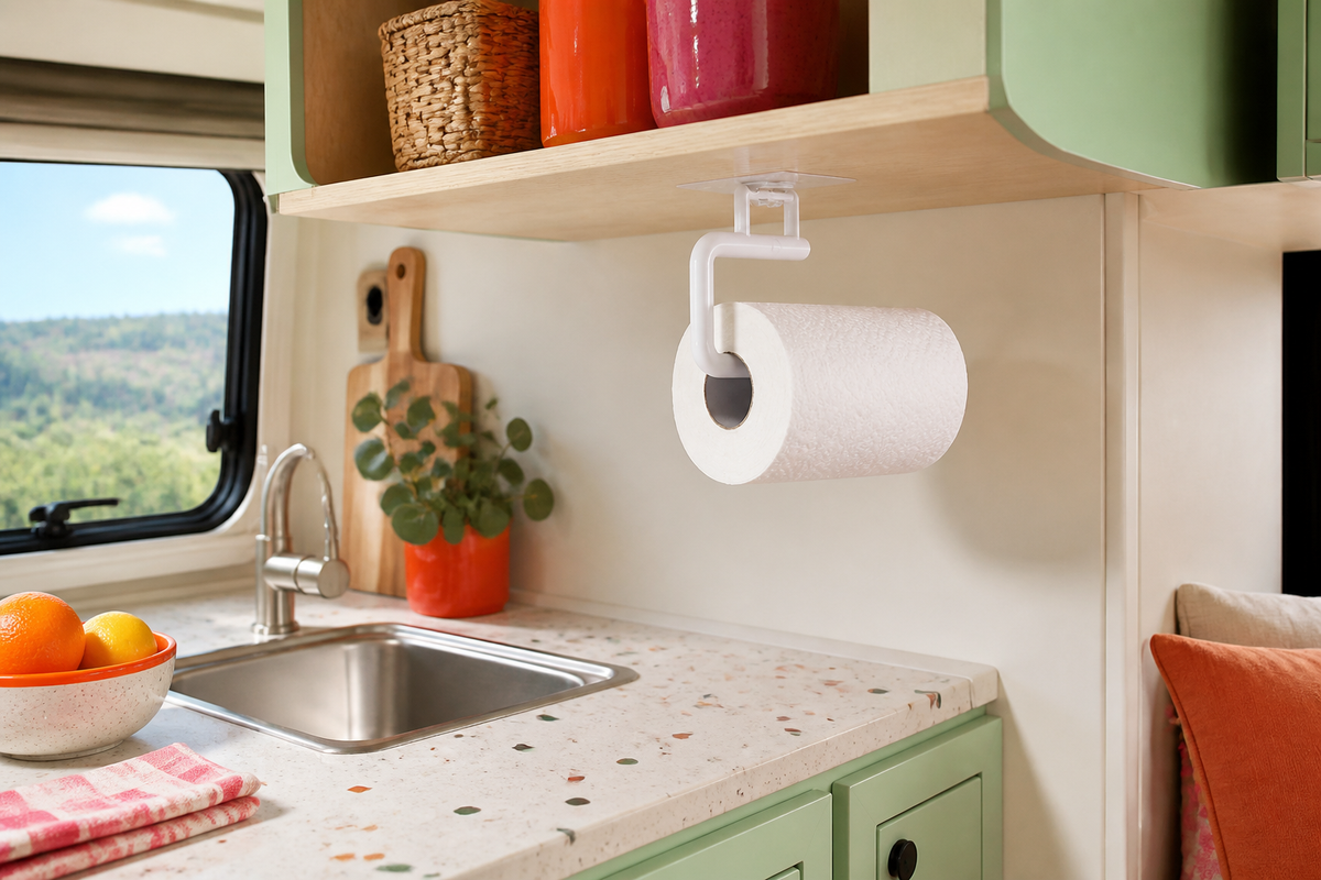 Perch small no-drill holder in a colorful compact RV kitchen