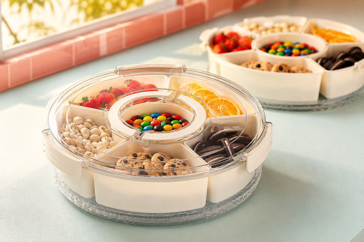 Close view of a PetalSpin tray with clear lid, fold-flat ring handle, side latches, and six visible compartments