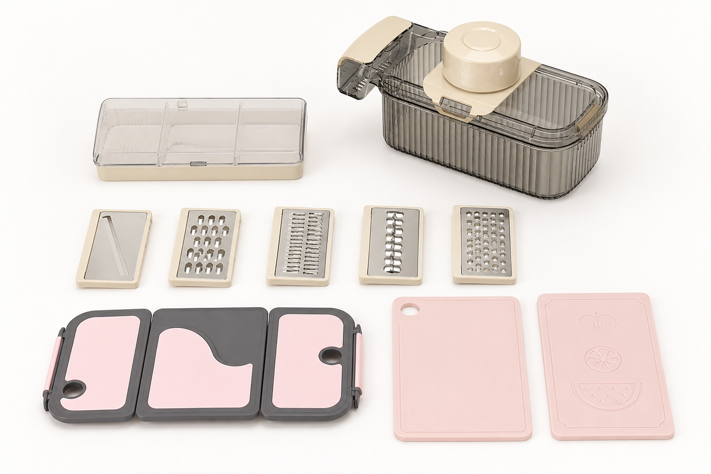 Complete PrepPro Set with five cutting inserts, storage case, safety guard, and accessory boards