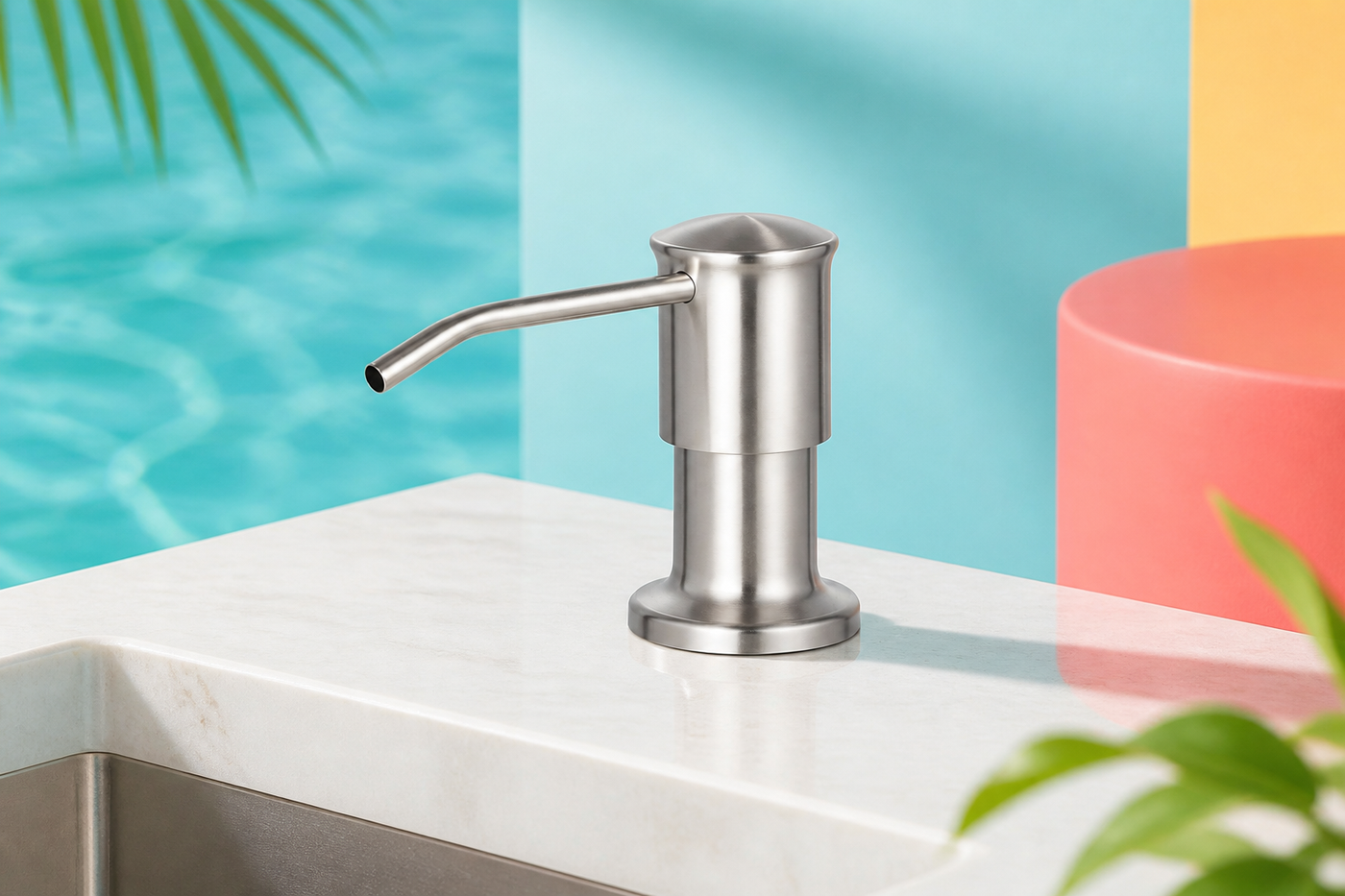 FlowArc brushed stainless-steel built-in sink soap dispenser on a colorful studio set