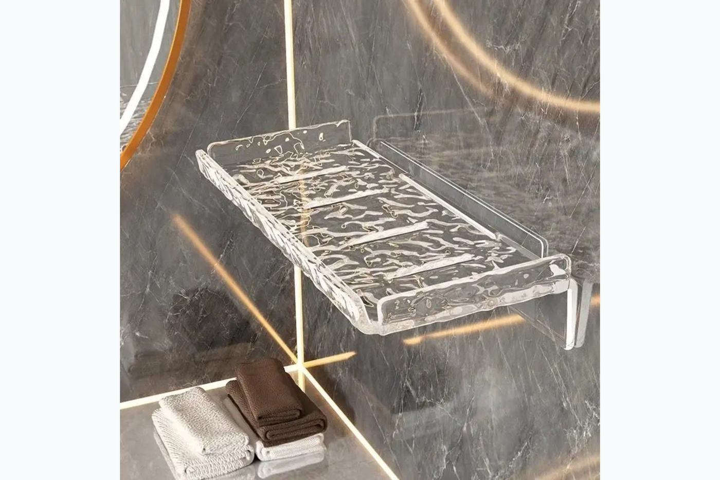 RippleClear Small clear water-ripple bathroom shelf shown from the side