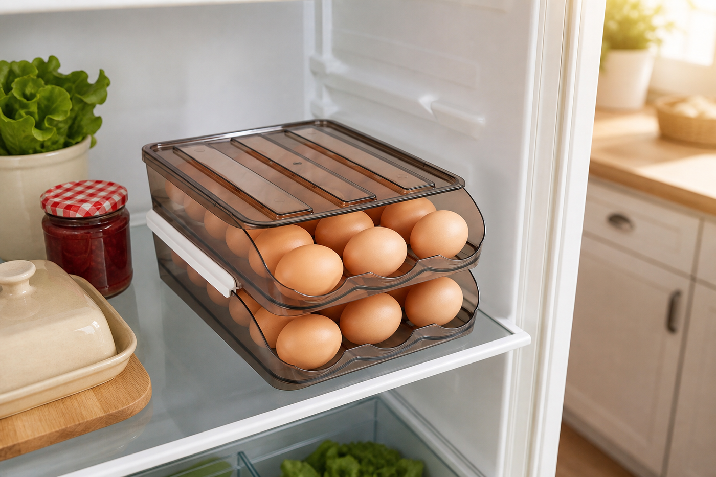 Roost two-tier egg organizer in a warm farmhouse refrigerator