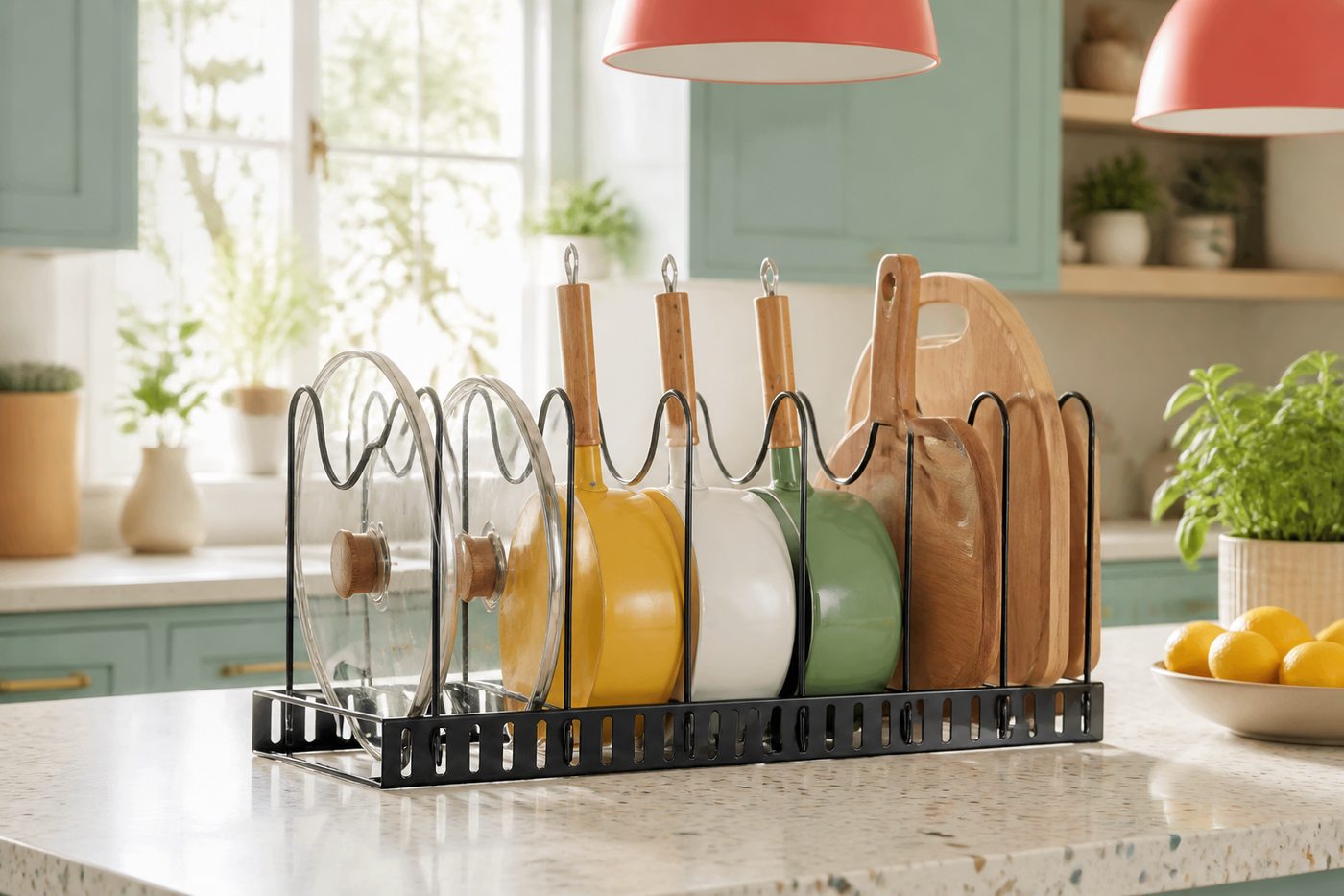 Rung horizontal six-divider layout holding pans, lids and boards on a sunny kitchen island