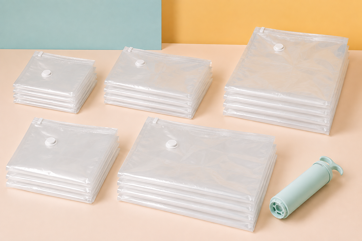 SealSpace twenty-piece clear vacuum bag set in five sizes with mint-green hand pump