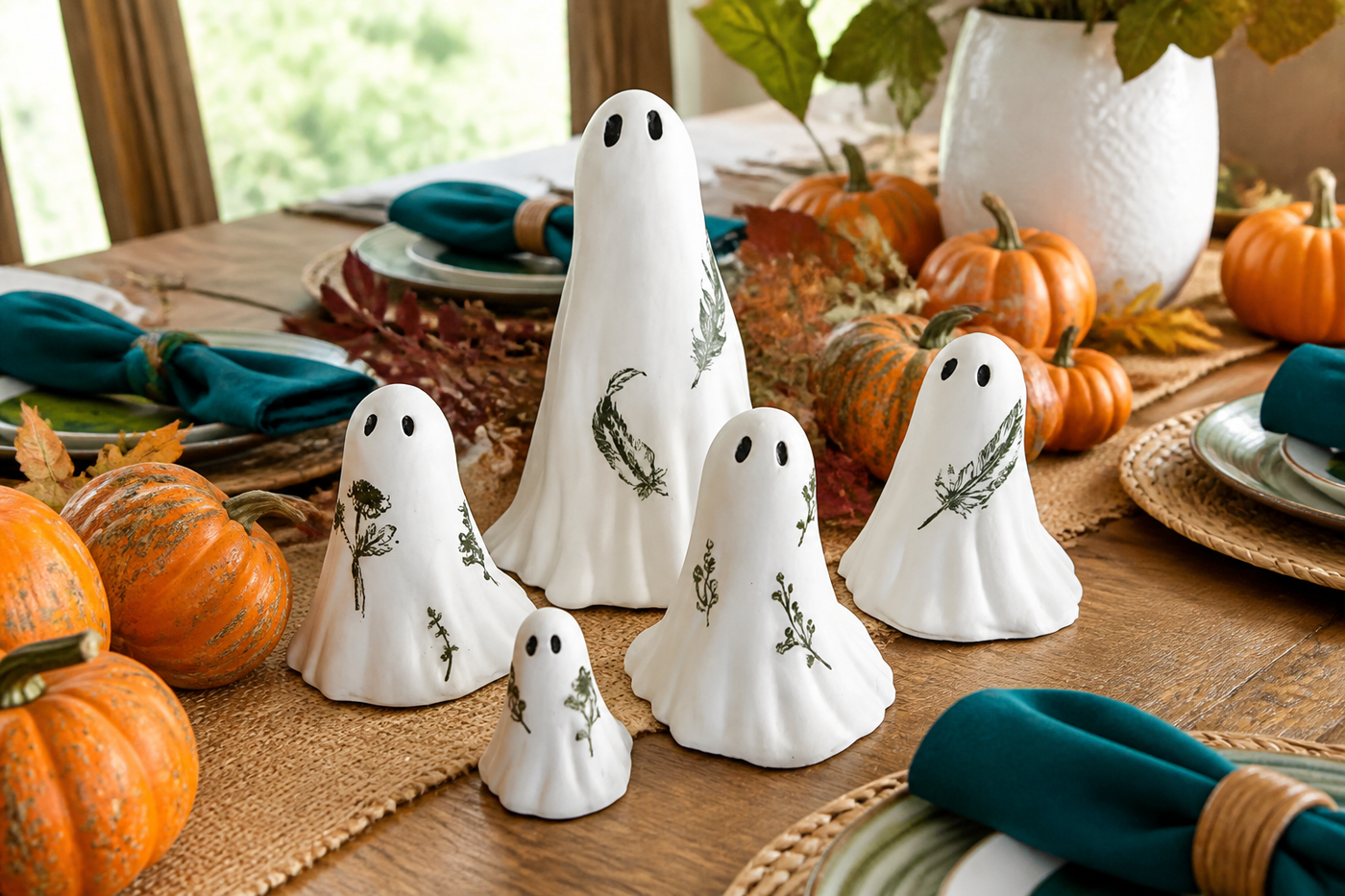 Seven-piece BotaniBoo ghost figurine set in an autumn table setting