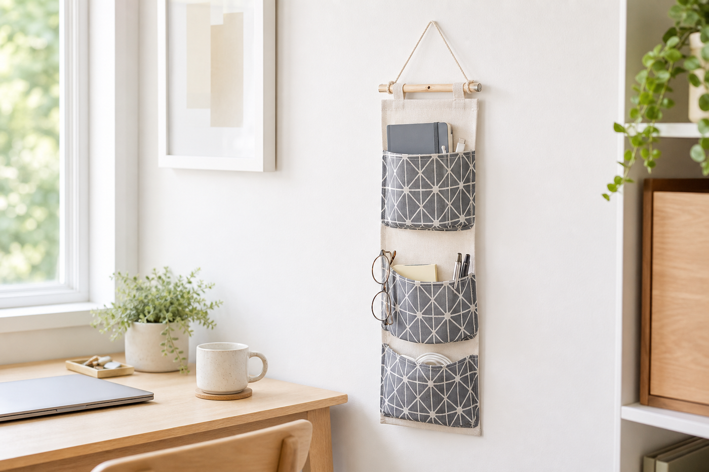 Sill three-pocket organizer above a bright home-office desk