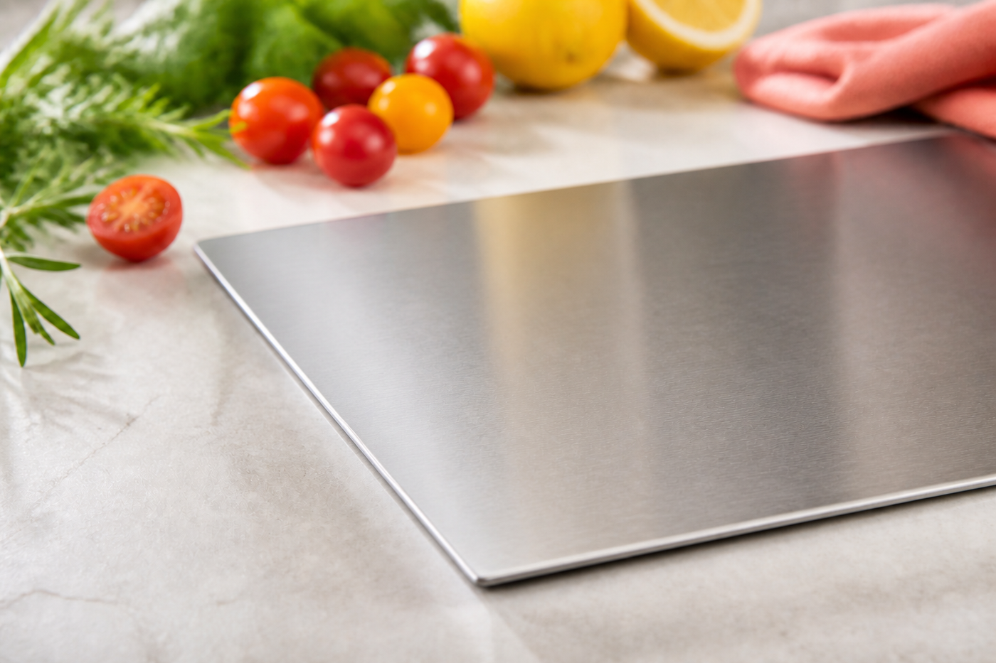 Close view of SteelSpan's slim profile, brushed surface and wrapped edge