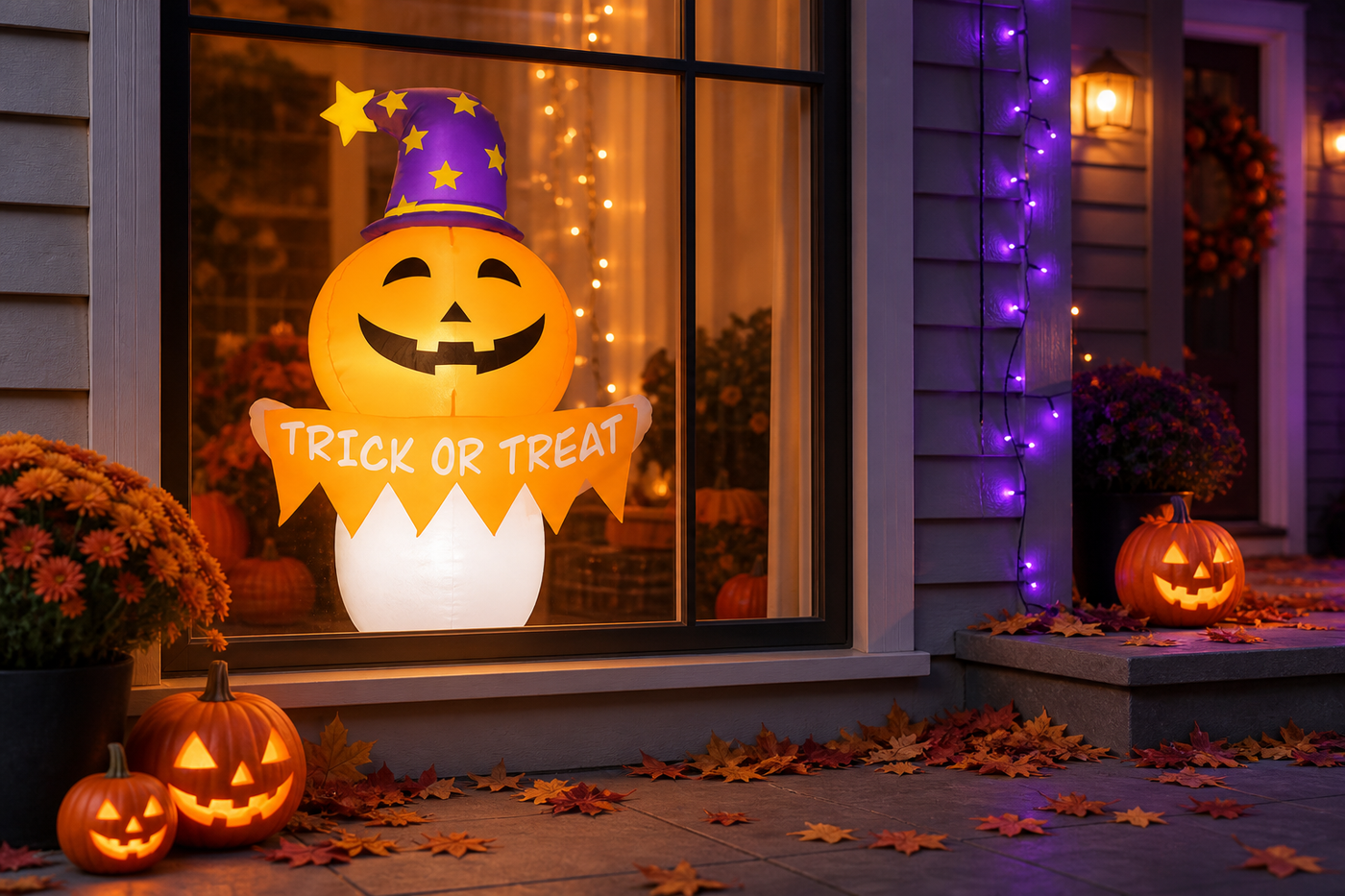 SpellGlow lighted pumpkin ghost glowing from a front window at blue hour