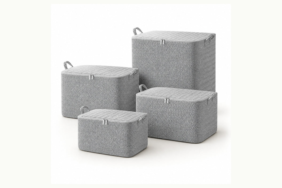Exact Stow four-piece grey herringbone foldable storage bag set on white