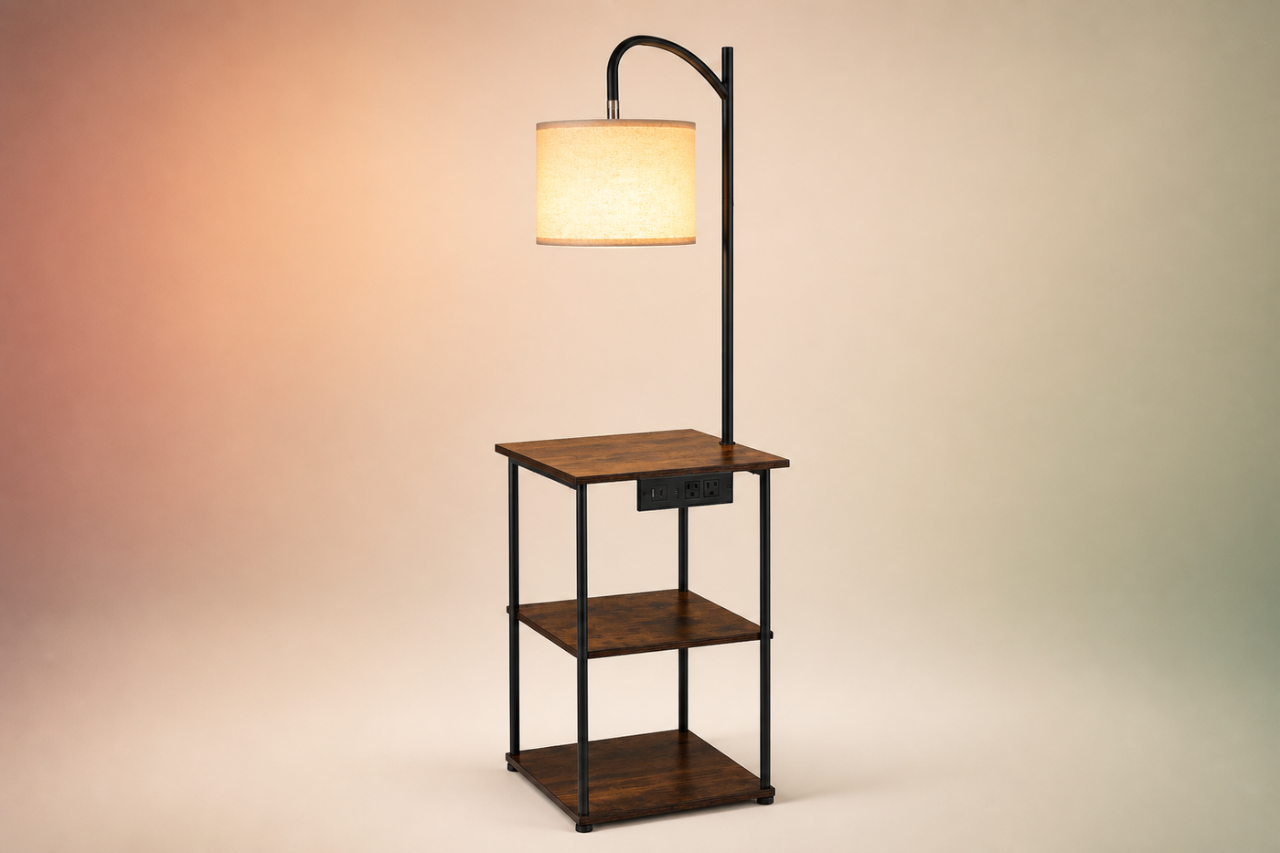 GlowShelf floor lamp with fabric shade rustic-brown shelves and black metal frame
