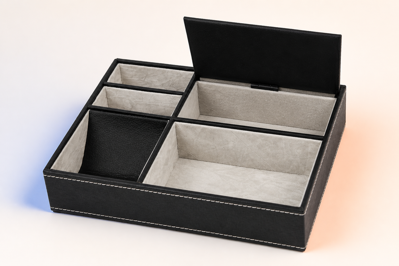 NightKeep black faux-leather bedside valet with light lining and contrast stitching