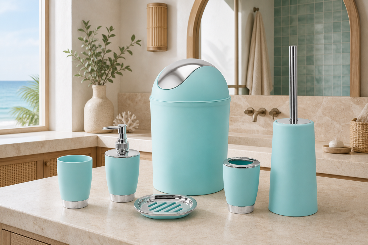 Aqua Suite six-piece bathroom set in a bright coastal bathroom