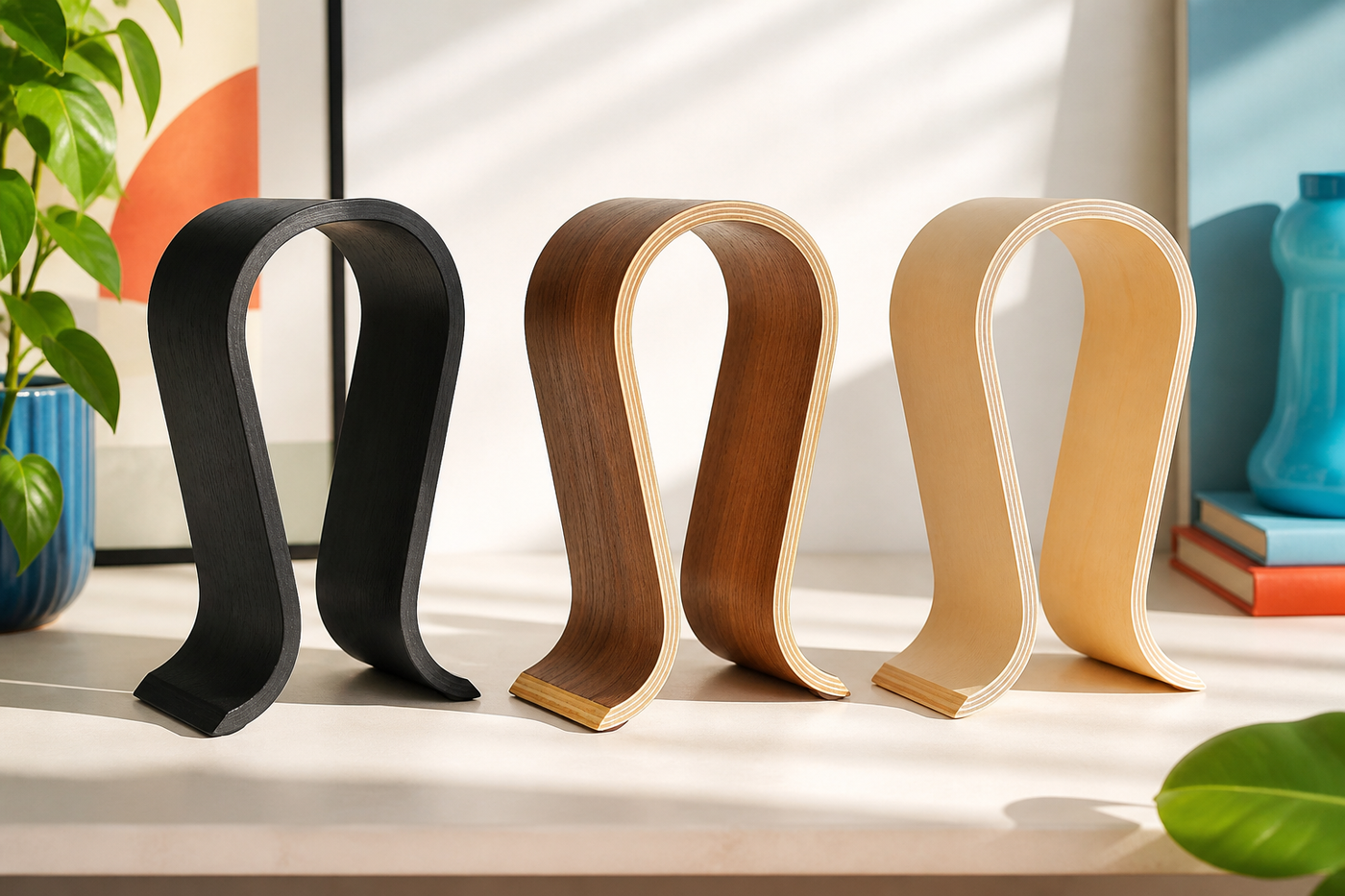 Arcwood headphone stand shown in Brown Khaki and Black finishes with its continuous curved profile