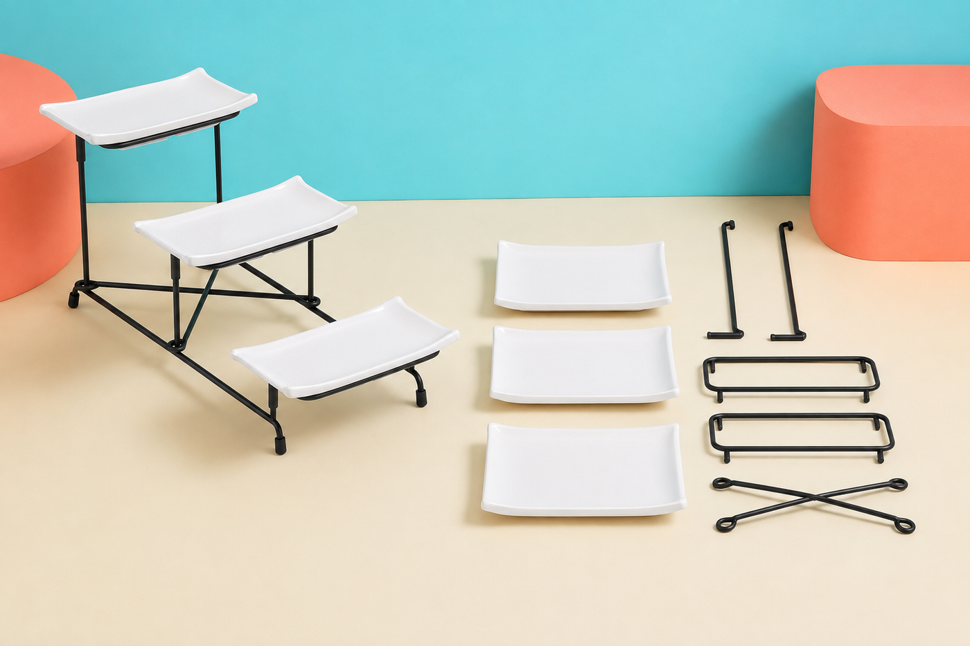 TierBloom assembled serving stand beside its three removable trays, standing brackets, tray supports, and X-shaped brace