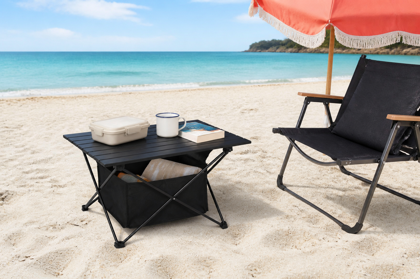 TrailNest medium camp table with lunch and beach essentials beside one chair