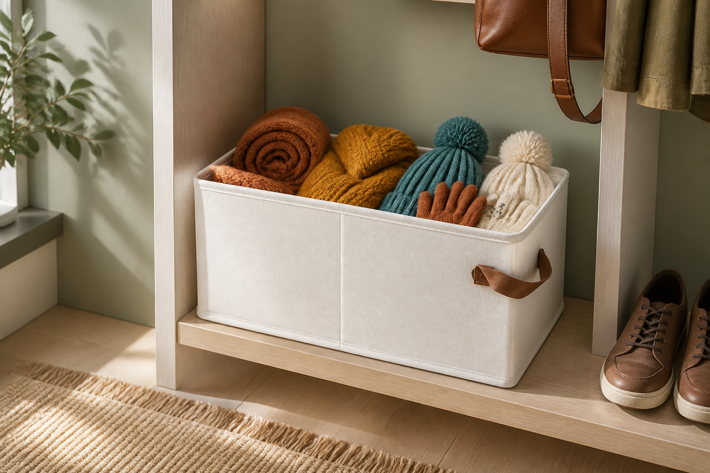 Tuck foldable storage bin organizing scarves hats and gloves in a bright mudroom cubby