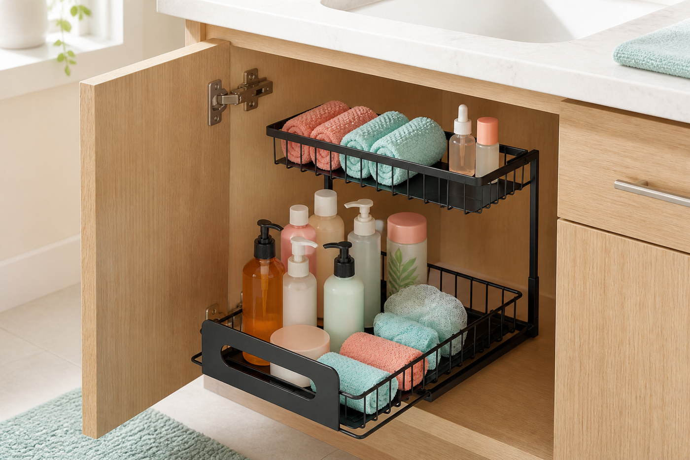 UnderStack organizing toiletries and washcloths inside a bathroom vanity