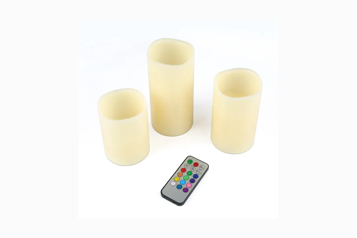 Exact Vesper three-piece ivory flameless candle set with the included multicolor remote