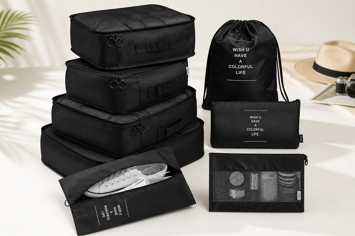 Complete black Voyage eight-piece packing cube set