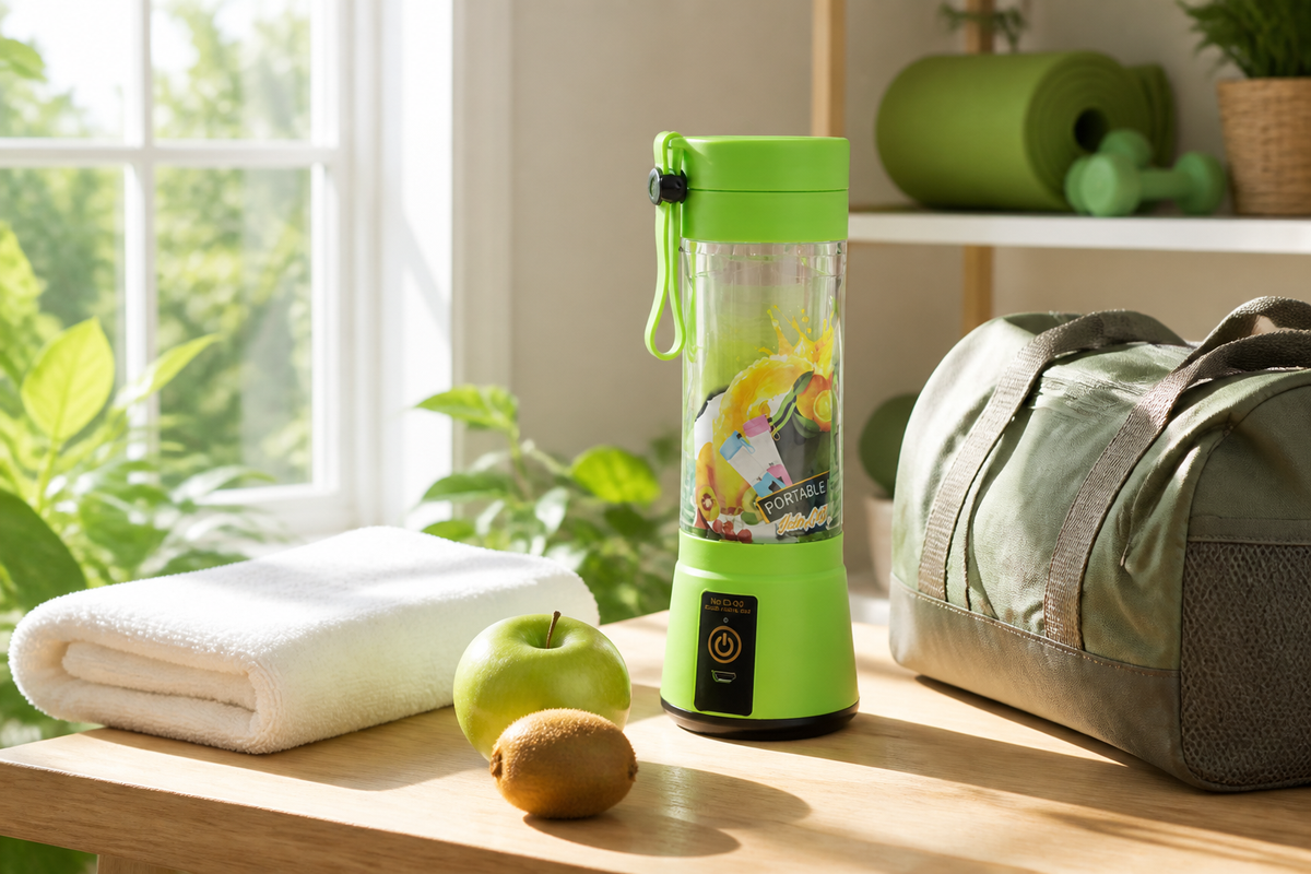 Green Whirl portable blender in a sunlit home workout space