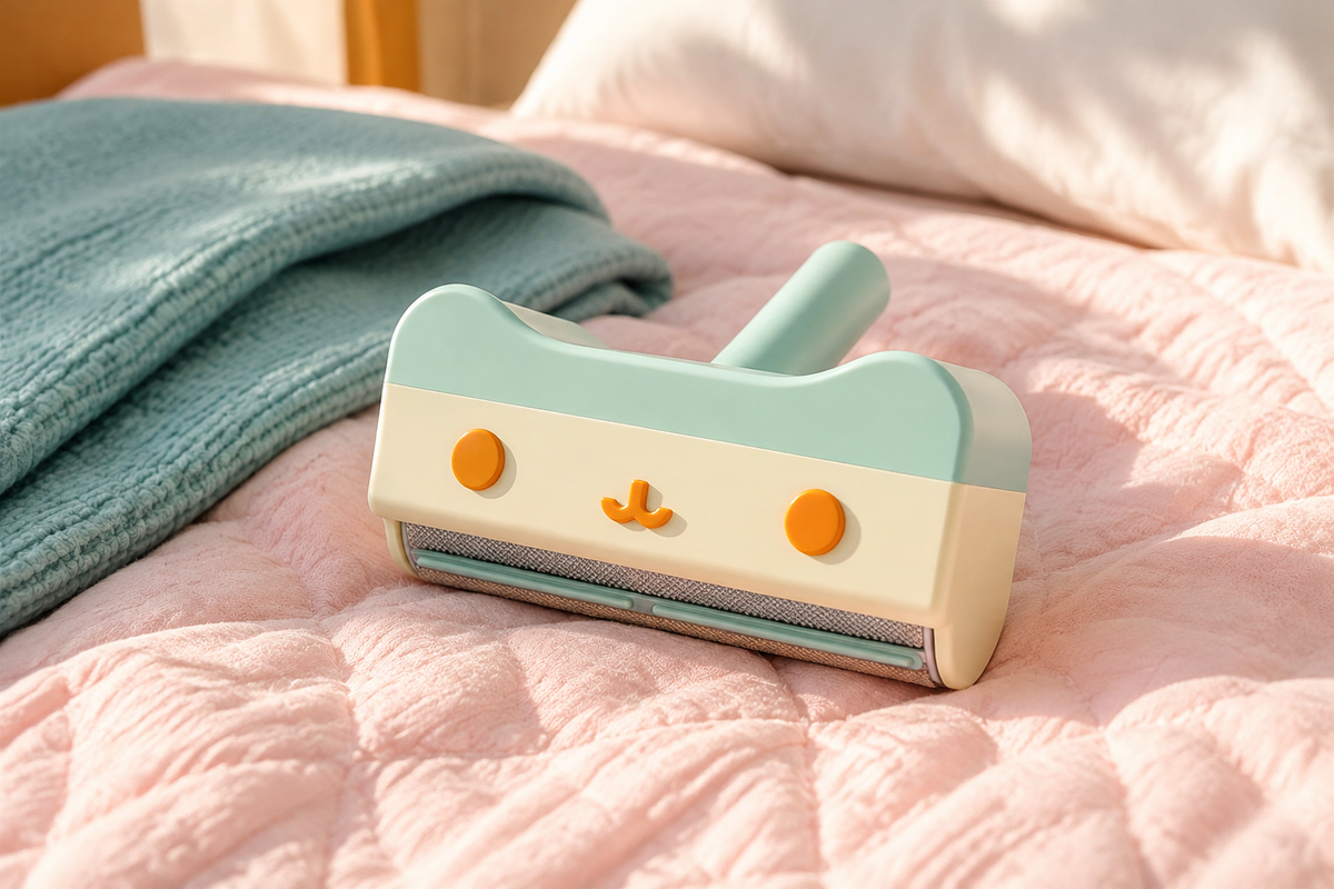 Yellow and green FurSweep pet hair roller on a neatly made pink bed