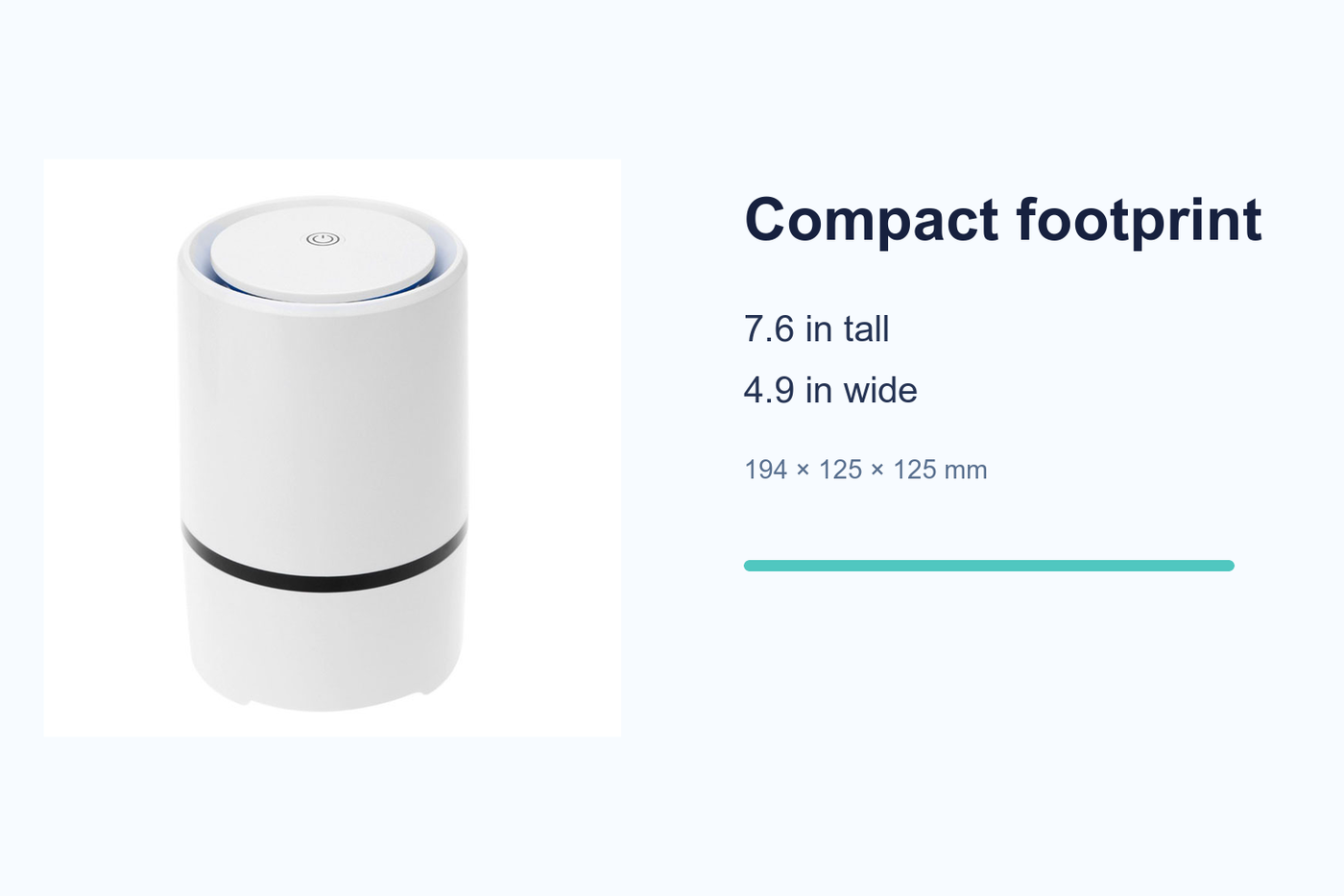 AeroPure USB air purifier dimensions: 7.6 inches tall by 4.9 inches wide