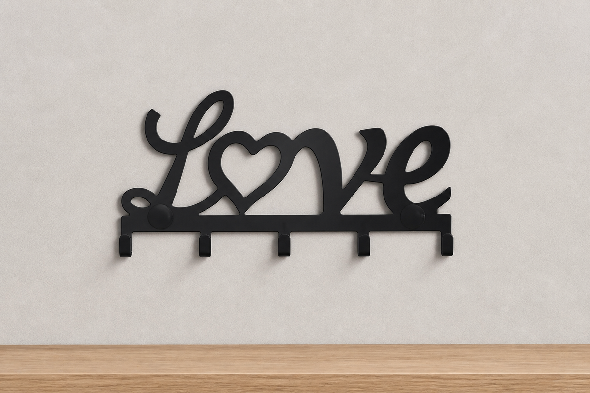 Amour matte-black metal LOVE wall hook rack with five hooks shown unobstructed